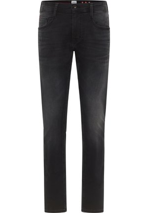 Black denim jeans with a slim fit. Features five pockets, a button closure, and subtle fading. Smooth texture with classic stitching accents.