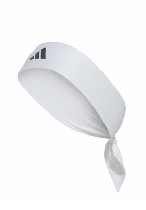 Bandeau de sport en tissu blanc avec un nœud noué et un petit logo noir à trois barres sur un côté.