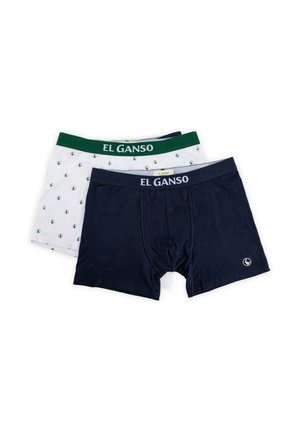 Dos pares de bóxer para hombre, uno azul marino y otro blanco con una cinturilla verde y pequeños logotipos verdes, ambos con la marca "El Ganso."