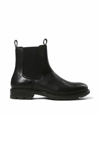 Bottine en cuir noir avec des panneaux élastiques sur les côtés, bout arrondi et languette. Équipée d'une semelle en caoutchouc texturée pour plus de traction et de durabilité.