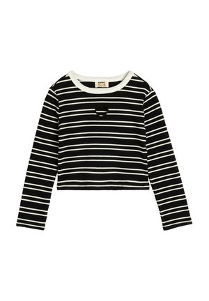 Top corto de manga larga a rayas en blanco y negro con textura acanalada y un corte en forma de corazón en el pecho. Material suave de mezcla de algodón.