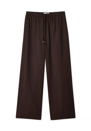 Pantalons larges marron en tissu doux avec une taille élastique et un cordon de serrage, ornés de deux perles en bois aux extrémités du cordon.