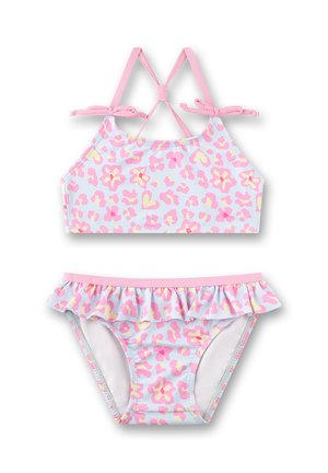 Maillot de bain deux pièces pour filles avec imprimé léopard floral rose et jaune, bretelles roses et ceinture froncée en bas.