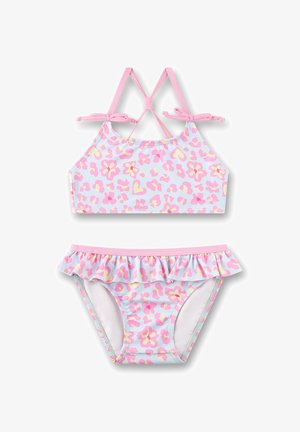 Mädchen zweiteiliger Badeanzug mit pinkem und gelbem floralen Leopardenmuster, pinken Trägern und gerafftem Bund am Unterteil.