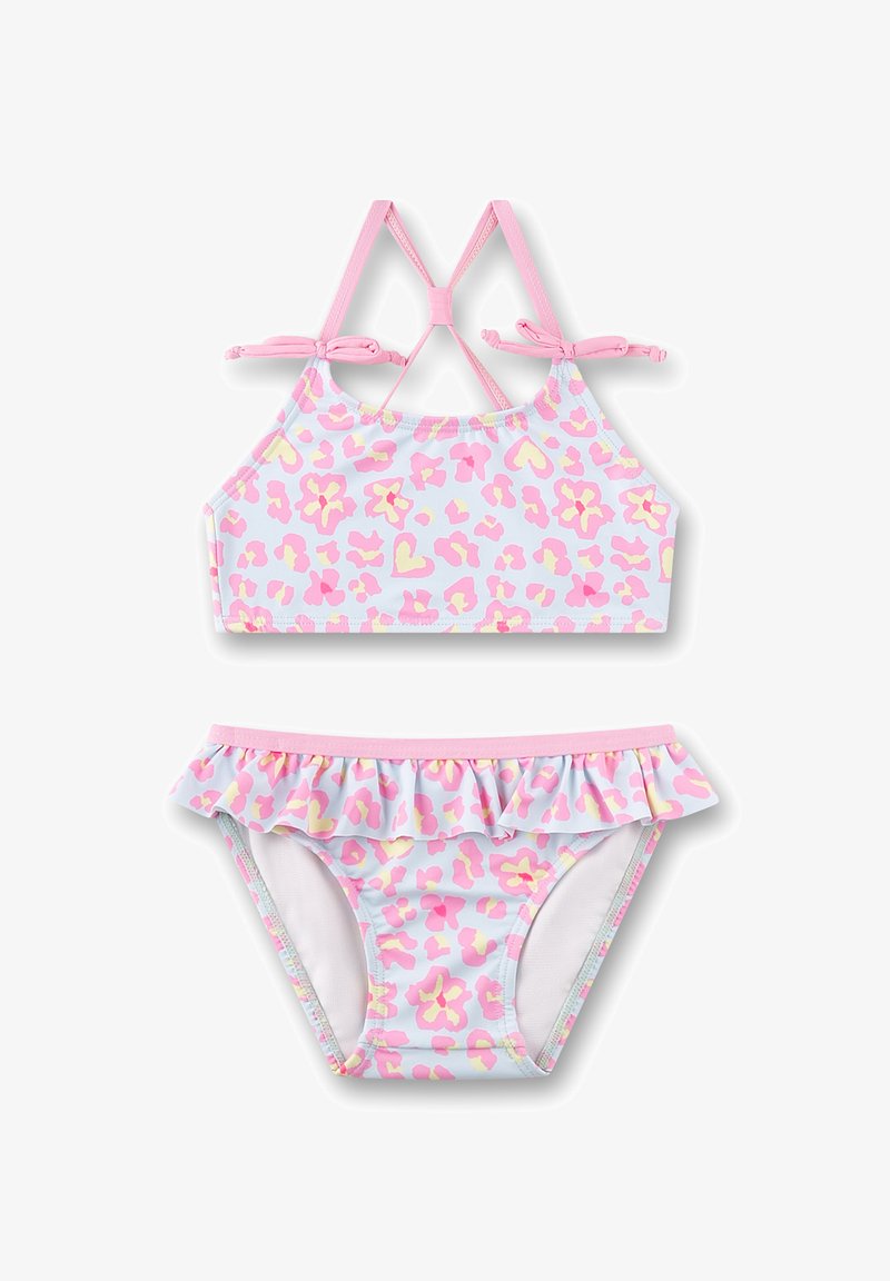 Maillot de bain deux pièces pour filles avec imprimé léopard floral rose et jaune, bretelles roses et ceinture froncée en bas.