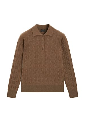 Brown cable-knit polo sweater with a collar, three-button placket, ribbed cuffs, and waistband. Soft texture with detailed pattern.