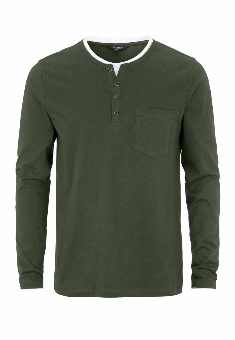 Mörkgrön långärmad Henley-tröja med fyra knappar, en bröstficka framtill och en vit innerkrage.