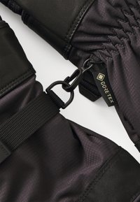 Sorte Gore-Tex handsker har en glat læderoverflade, elastisk samling ved håndleddet og robust sort hardware til sikker fastgørelse.