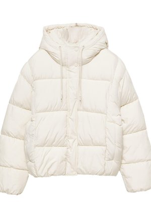 Cropped puffer jacket in off-white. Features a hood, drawstring, and quilted pattern. Smooth texture with elasticized cuffs and hem.
