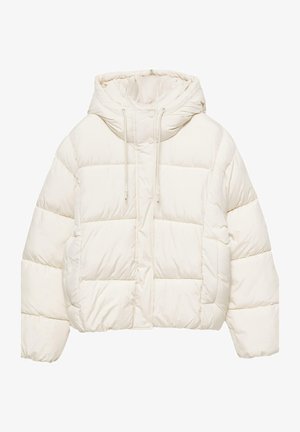 Krótkia kurtka puchowa w kolorze off-white. Posiada kaptur, sznurek do regulacji oraz pikowany wzór. Gładka faktura z elastycznymi mankietami i dołem.