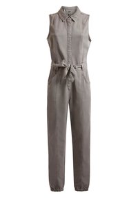 Šedý bezrukávový overal vyrobený z bavlny, s předním zapínáním na knoflíky, límečkem, páskem v pase, bočními kapsami a elastickými manžetami u kotníků.