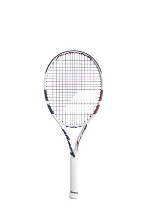 Tennis racket with a white frame, red and blue accents, and a textured grip. The head is oval-shaped with a strung pattern.