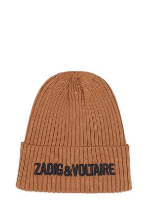 Béret en tricot côtelé marron avec un revers, orné de l'inscription noire brodée "ZADIG&VOLTAIRE" à l'avant. Texture douce, forme structurée.