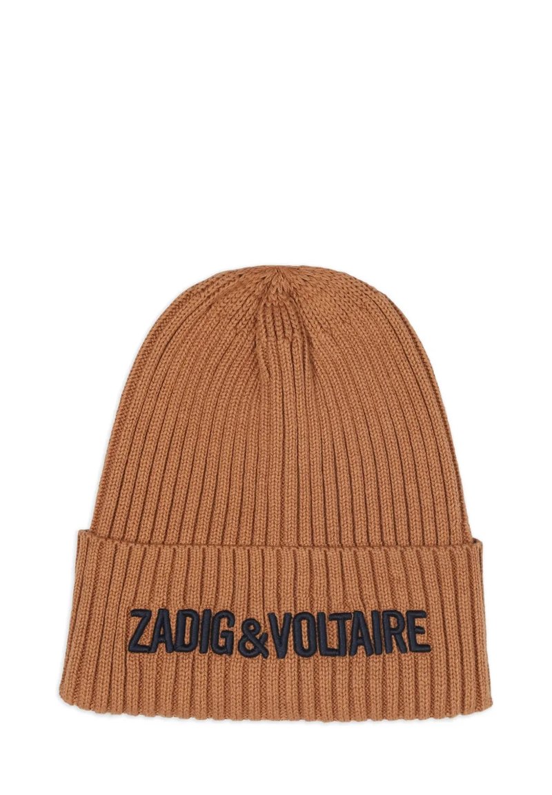 Béret en tricot côtelé marron avec un revers, orné de l'inscription noire brodée "ZADIG&VOLTAIRE" à l'avant. Texture douce, forme structurée.