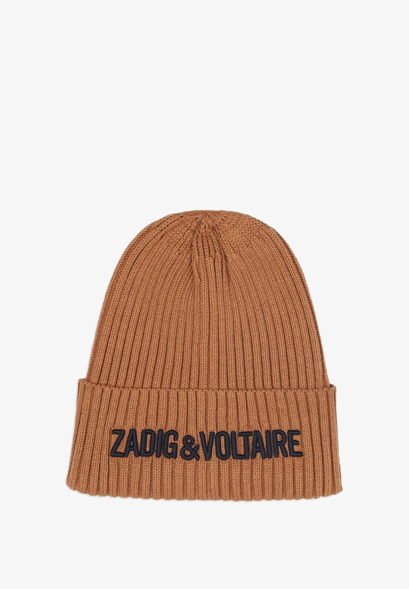 Beanie marrone a coste con risvolto, caratterizzato da un ricamo nero con la scritta "ZADIG&VOLTAIRE" sul davanti. Tessuto morbido, forma strutturata.