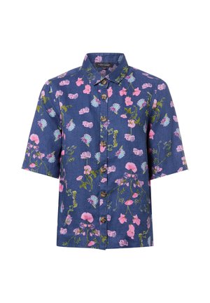 Kurzärmeliges Hemd zum Knöpfen mit blauem Grund und pinkem sowie hellblauem Blumenmuster.