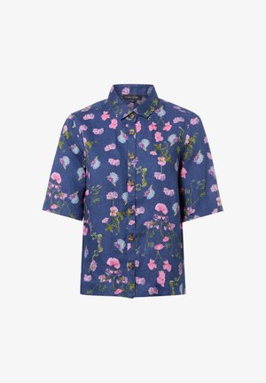 Chemise à manches courtes avec boutons, base bleue et motif floral rose et bleu clair.