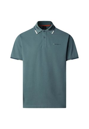 Slateblaues Poloshirt mit kurzen Ärmeln, Zwei-Knopf-Leiste, weiß-navy gestreiftem Kragen und Ärmelabschlüssen sowie kleinem "Hackett"-Logo auf der Brust.