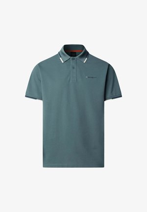 Slateblaues Poloshirt mit kurzen Ärmeln, Zwei-Knopf-Leiste, weiß-navy gestreiftem Kragen und Ärmelabschlüssen sowie kleinem "Hackett"-Logo auf der Brust.