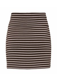 Mini gonna a righe marroni e bianche con un design aderente e una texture liscia. Presenta una vita senza chiusure visibili.