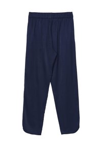 Pantalons amples bleu marine avec taille élastique, jambes droites et texture de tissu douce, présentés sur un fond blanc.