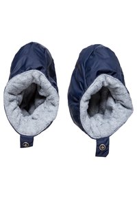 Marinblå vattentäta vantar med mjuk grå fleecefoder. Elastiska manschetter och knappdekorationer för en säker passform. Rundad design för komfort.