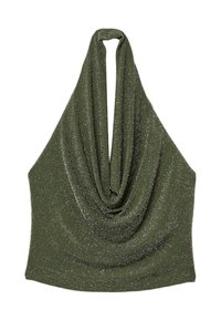 Olivgrön halterneck-top med draperad halsringning, tillverkad av strukturerad tyg med metalliska trådar för glans. Slät, figursydd design.