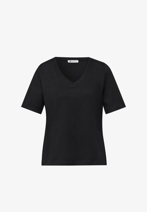 Czarny T-shirt z krótkim rękawem i dekoltem w szpic, o prostym dole i małą białą metką z tyłu przy kołnierzu od wewnątrz.