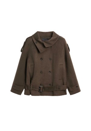 Bruine wollen peacoat met een grote kraag, dubbele knoopsluiting, zijzakken en een riemdetail rond de taille.