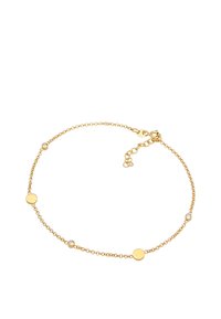 Goldfarbe Armband mit runden Metallplättchen und kleinen klaren Steinen. Verstellbare Länge mit einem Karabinerverschluss. Glatte Textur.