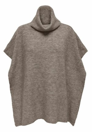 Poncho en tricot gris avec une texture côtelée, doté d'un col large et haut et de côtés ouverts, conçu pour le confort et la chaleur.