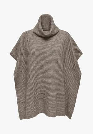 Poncho en tricot gris avec une texture côtelée, doté d'un col large et haut et de côtés ouverts, conçu pour le confort et la chaleur.
