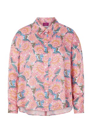 Long-sleeve button-up shirt with a pink, yellow, and blue floral pattern and pointed collar.