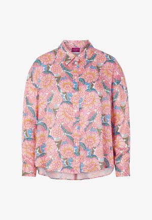 Overhemd met lange mouwen en knopen, met een bloemmotief in roze, geel en blauw en een puntige kraag.