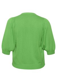 Pull vert en tricot avec un motif texturé, manches bouffantes courtes et col rond. Le dos est sans particularité avec une bordure côtelée.