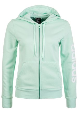 Vaalean mintunvihreä vetoketjullinen huppari kengurutaskulla, säädettävät hupun nyörit ja valkoinen "adidas"-logo pystysuunnassa vasemmassa hihassa.