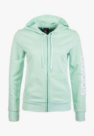 Sweat à capuche zippé vert menthe clair avec poche kangourou, cordons réglables à la capuche, et logo "adidas" blanc vertical sur la manche gauche.
