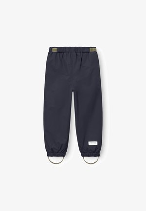 Navy waterproof pants featuring elastic waistband, ribbed cuffs, and gold hardware accents on legs. Material is smooth with a matte finish.