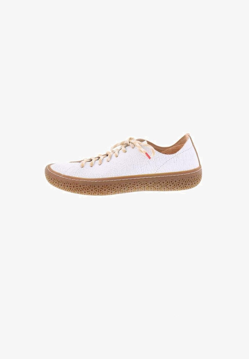 White leather sneaker with a textured finish, light brown rubber sole, and contrasting lace holes. Features a small red accent near the laces.