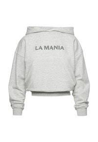Skraťená šedá mikina vyrobená z mäkkého materiálu, s kapucňou na šnúrku a predným nápisom "LA MANIA" v tmavosivej farbe. Voľnejší strih s rebrovanými manžetami.