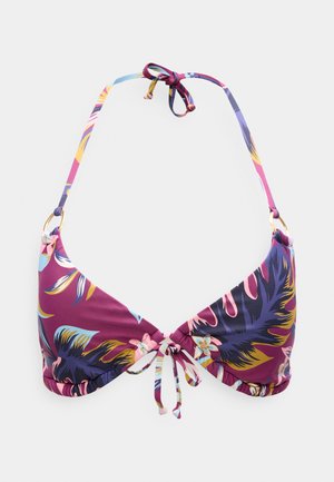 Top bikini floreale viola con spalline regolabili, caratterizzato da un dettaglio a nodo e accenti in metallo dorato. Tessuto liscio con motivo vivace.