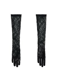 Čierne čipkové rukavice s dlhým dizajnom, ozdobené zložitými kvetinovými vzormi a vlnitými okrajmi. Mäkko štruktúrované s otvorom na prsty.