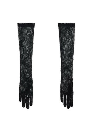 Čierne čipkové rukavice s dlhým dizajnom, ozdobené zložitými kvetinovými vzormi a vlnitými okrajmi. Mäkko štruktúrované s otvorom na prsty.
