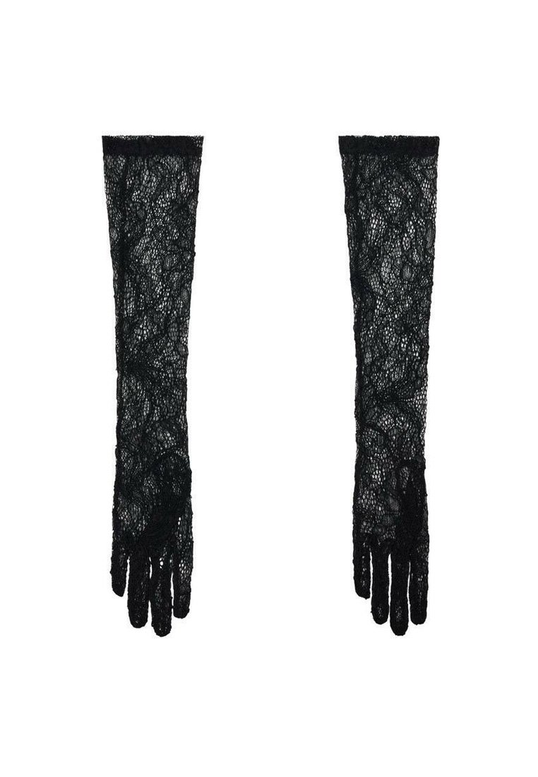 Čierne čipkové rukavice s dlhým dizajnom, ozdobené zložitými kvetinovými vzormi a vlnitými okrajmi. Mäkko štruktúrované s otvorom na prsty.