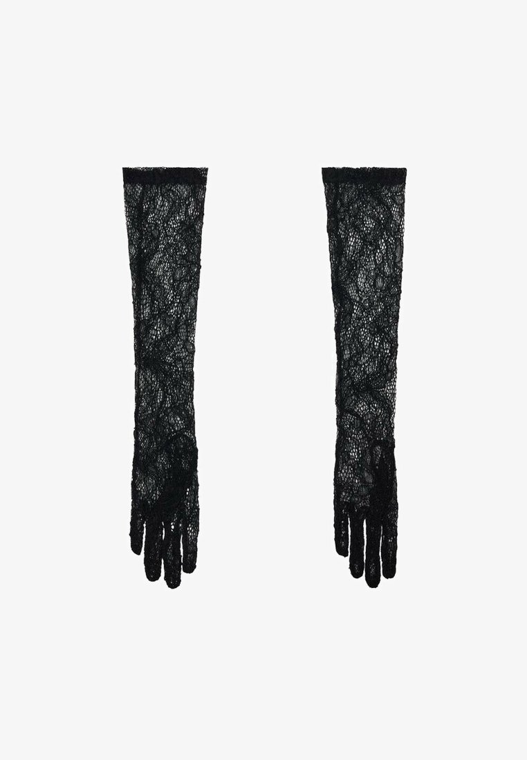 Schwarze Spitzenhandschuhe mit langem Design, die komplizierte Blumenmuster und gewellte Ränder aufweisen. Weicher Textur mit Fingeröffnungen.