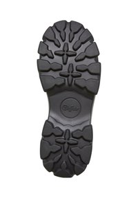 Suola di scarpa in gomma nera con un evidente motivo di battistrada. Presenta scanalature e aree testurizzate per la trazione, con un logo rotondo al centro.