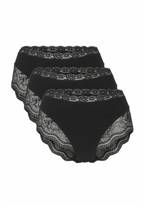 Hoge taille slipjes met zwarte kanten rand, voorzien van ingewikkelde bloemenpatronen langs de taille en beenopeningen, met een gladde stofafwerking.