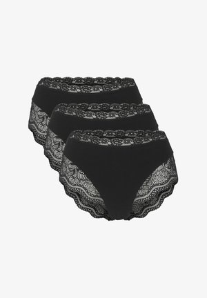 Black lace trim high-rise panties, featuring intricate floral patterns along the waist and leg openings, offering a smooth fabric finish.