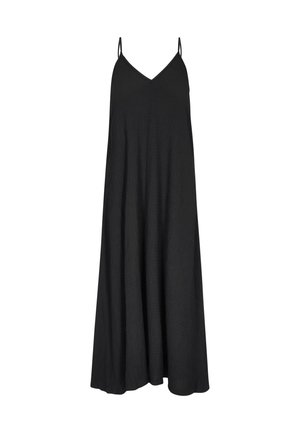 Must matar dress V-kaeluse ja voolava siluetiga, kerge kangaga. Reguleeritavad rihmad ja tekstureeritud viimistlus.