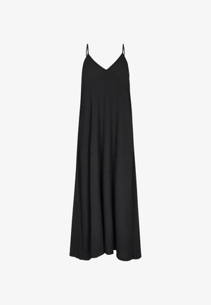 Must matar dress V-kaeluse ja voolava siluetiga, kerge kangaga. Reguleeritavad rihmad ja tekstureeritud viimistlus.